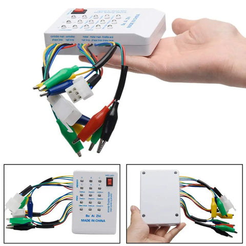 Slick Electric Bike Scooter Brushless Controller Tester Diagnostic Rig Checks in hand, compact with colorful cables for testing.