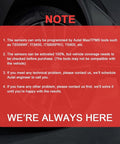 Autel TPMS sensors note overlay on car tire wheel; red panel labeled NOTE with instructional text.
