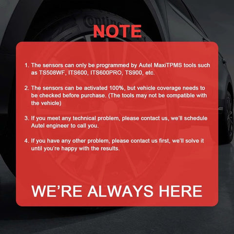 Autel TPMS sensors note overlay on car tire wheel; red panel labeled NOTE with instructional text.