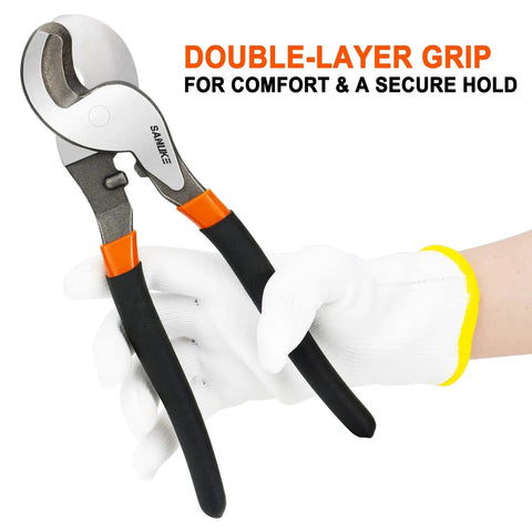 Hand holding 10 Inch High Leverage Cable Cutters Tough As Nails Heavy Duty Electrical Wiring And Aluminum Copper Cables