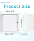 Knockout 13X13 Inch Drywall Access Panel With Sturdy Aluminum Frame And Reliable Cam Latch Lock Built Tough Wall And Ceiling Hole Cover In Clean White dimensions shown with sizes.