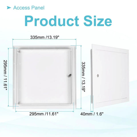Knockout 13X13 Inch Drywall Access Panel With Sturdy Aluminum Frame And Reliable Cam Latch Lock Built Tough Wall And Ceiling Hole Cover In Clean White dimensions shown with sizes.