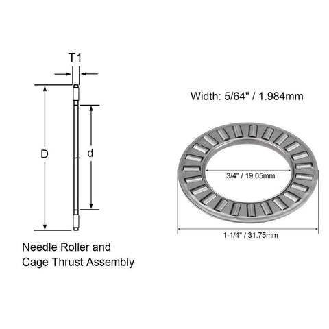 Heavy Duty Thrust Needle Roller Bearing Set With Two Washers NTA1220 2TRA diagram showing dimensions including 0.75 Inch ID