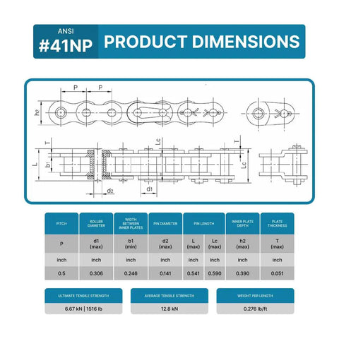 Product dimensions of Nickel Plated Roller Chain 41 NP Half Inch Pitch Ten Feet With Two Free Connecting Links, technical drawing and specs.