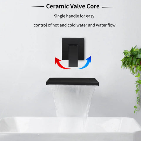Matte Black Wall Mount Bathtub Faucet With Wide Waterfall Spout Single Handle Roman Tub Filler in action