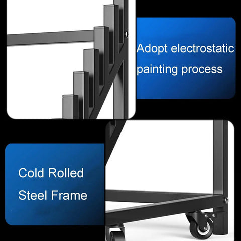 Hella Heavy Duty 12 Tier Metal Tile Display Rack With Wheels showcasing cold rolled steel frame and electrostatic paint finish.