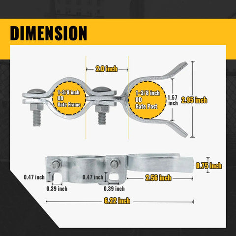 Dimensions of Chain Link Gate Latch 1-3/8 Inch For Fence Posts Spaced 1.8 To 3.4 Inches, shown with measurements