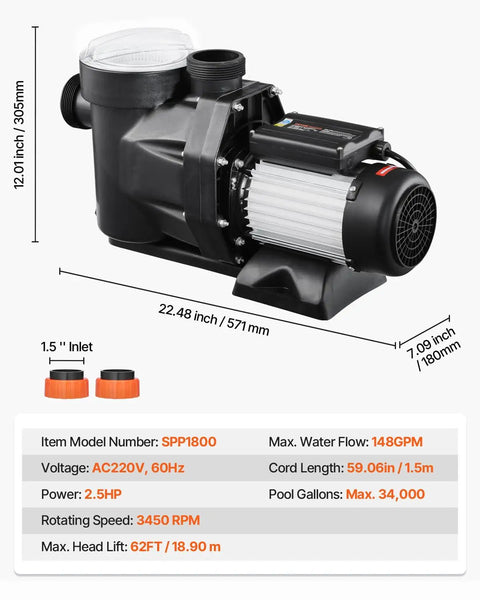 Built Different 2.5 Horsepower Above Ground Pool Pump With 148 Gallons Per Minute Flow And 220V Single Speed Motor view showing specifications and parts.