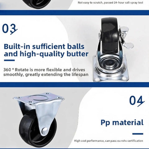 Four Pack Heavy Duty Flat Top Plate Caster Wheels With Dual Swivel And Double Wheel Brakes Floor Saving Poly Tires, featuring durable black wheels.