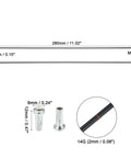 Image showing 36 Pcs 14G J Bend Bike Spokes 280mm Long With 2mm Shaft And Steel Black Nipples Included, with size details.