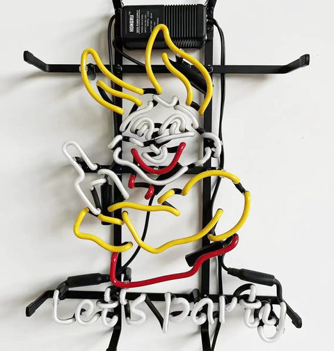 Lit Neon Bar Sign For Wall Decor And Vibe Lighting Real Glass Handmade Neon with cartoon character and 'Let's Party' text.