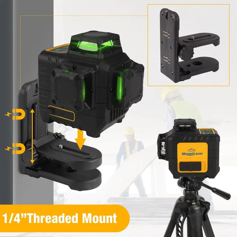 Pro Grade 3X360 Degree Self Leveling Laser Level Featuring Bright Green Cross Lines on 1/4" threaded mount for precision usage.