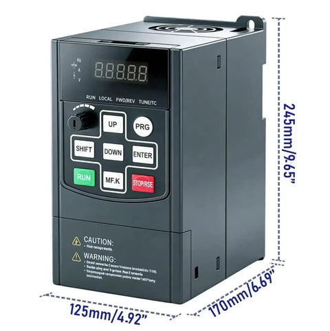 Beefy Heavy Duty VFD Variable Frequency Drive 4KW 5HP 220-240V Input to 220-240V 3-Phase Output front view with dimensions.