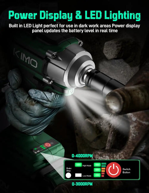 Badass Cordless Impact Wrench 1/2 Inch Drive 20V Battery Powered Knockout Gun displays LED light and power panel for visibility.