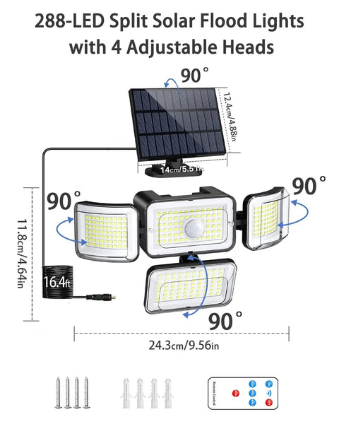 Diagram of Solar Motion Sensor Flood Lights Outdoor 2 Pack, 3500LM 288 LED, IP67 Waterproof with adjustable heads and remote control.