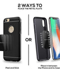 Diagram showing two ways to attach Universal Magnetic Phone Mount Metal Plates Kit 4 Pack Ultra Thin Discs with 3M Adhesive to phone cases.