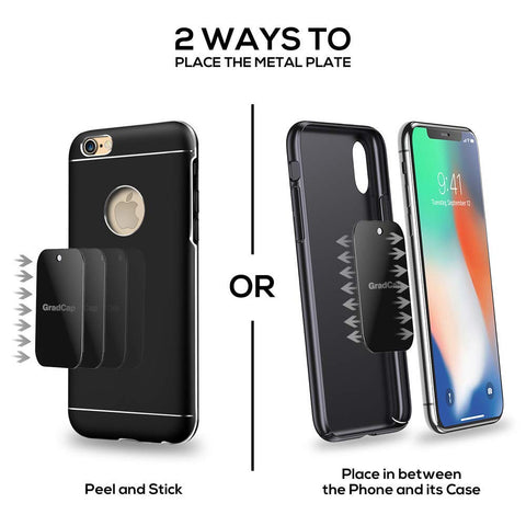Diagram showing two ways to attach Universal Magnetic Phone Mount Metal Plates Kit 4 Pack Ultra Thin Discs with 3M Adhesive to phone cases.