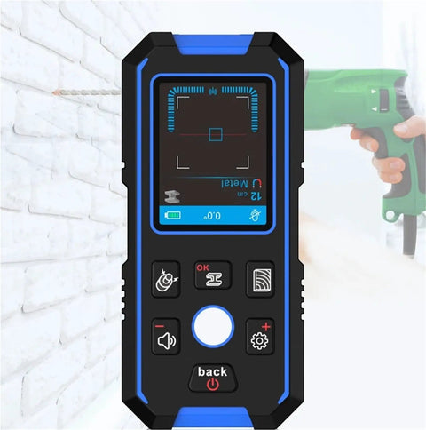 Precision Wall Scanner And Metal Detector Stud Finder with LCD display shows measurements against a brick wall.