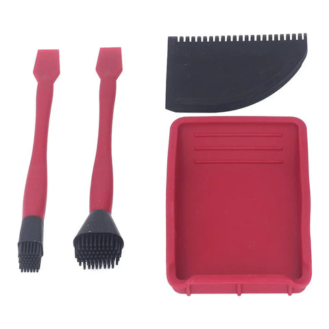 Silicone Glue Kit For Woodworking DIY Ready With Dual Head Spreader And Applicator, 2 Brushes, 1 Comb, And 1 Tray For Uniform Flexible Glue Application, Easy To Clean And Quick Access During Projects showing brushes, comb, and tray.