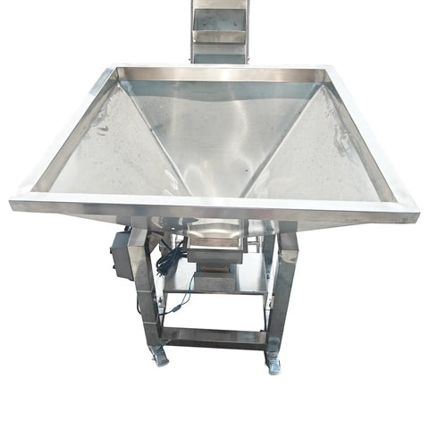Heavy Duty Bucket Elevator Material Conveyor With 220V Single Phase Motor Built To Haul Granular Bulk Goods Up A Full 118 Inches, stainless steel hopper.