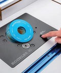 Premium Shop Grade Mid Size Router Lift Kit Featuring Rock Solid Phenolic Table Plate And Slick Quick Swap Snap Lock Ring System in use.