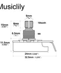 Technical diagram of Pro HD A250K and B250K Full Brass 18-Spline Split Shaft Pots for Imported Strat Style Axes and Basses, dimensions labeled.