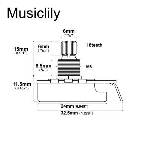 Technical diagram of Pro HD A250K and B250K Full Brass 18-Spline Split Shaft Pots for Imported Strat Style Axes and Basses, dimensions labeled.