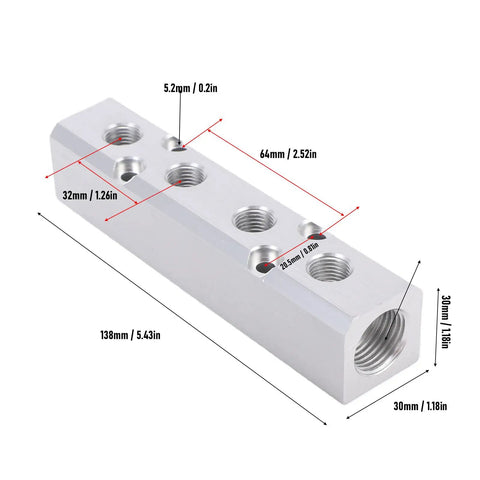 Beefy Aluminum Air Manifold For Four Way Six Port Pneumatic System With One Quarter Inch NPT Output And One Half Inch NPT Supply Heavy Duty Air Distribution Block For Industrial Automation, aluminum manifold 138mm long