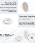 Universal Toilet Bolt Caps Pack of 6, White 1.44 Inch Round Push On Covers With Washers, top view, and side view shown.