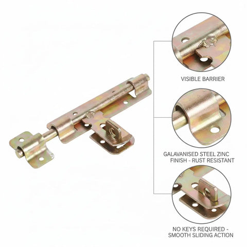 Heavy Duty Galvanized Steel Slide Bolt Gate Latch For Outdoor Garden Fences Barn Doors And Shed Entrances shown from side, rust resistant finish.