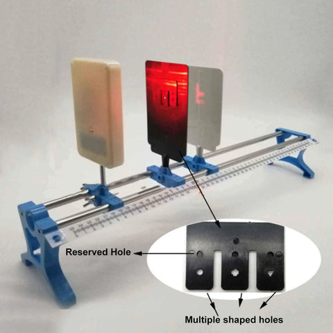 Pro Grade Physical Optics Experiment Kit With Complete Optical Platform Setup showing laser light through various shaped obstacles on optical bench.