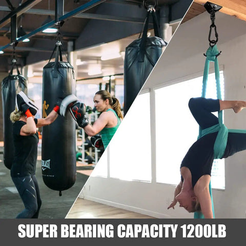 Heavy Duty 360 Degree Rotating Hammock Hooks Kit With 1200 Lb Capacity in gym with punching bag and aerial yoga