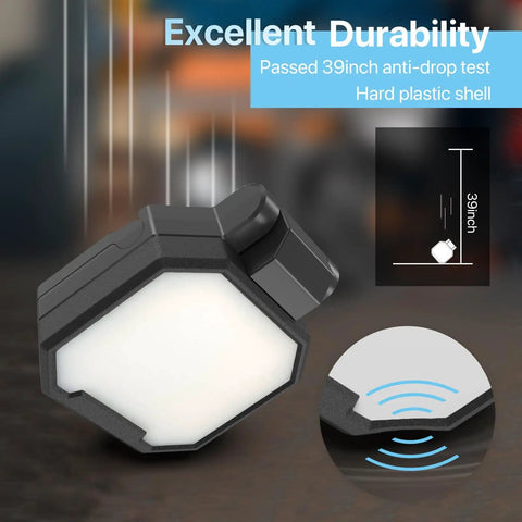 Durable Two Pack Rechargeable Work Light 40W With Magnetic Base, showing anti-drop test and plastic shell in a job site setting.