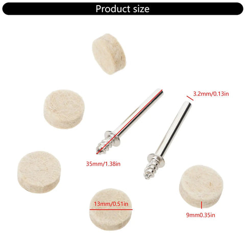Get Ready For Some Serious Shine With The 100 Piece 13mm Wool Felt Polishing Buffing Pads Featuring Quick Fit Shank Design, sizes of pads displayed.