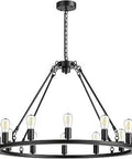 Wagon Wheel Chandelier With 12 Lights In Black Finish Dope Rustic Farmhouse Industrial Pendant For High Ceilings Great For Dining Room