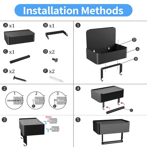 Toilet Paper Holder With Shelf And Flushable Wipes Dispenser Hidden Wipe Storage Matte Black Stainless Steel Wall Mount Organizer Durable Rust Resistant Bathroom Accessory installation guide with parts and steps.