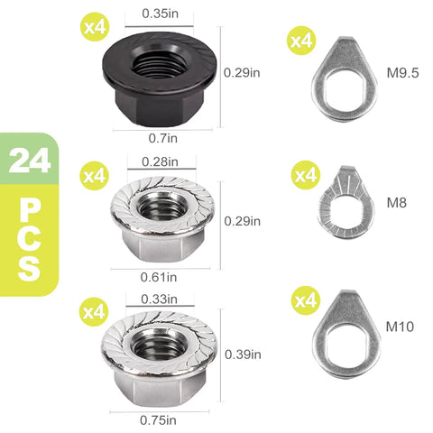 24 Piece Go To Bike Axle Nuts And Washers Kit M8 M9.5 M10 for mountain and road bikes with dimensions shown