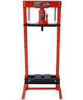 Pro Grade Hydraulic Shop Press Boasts A Rock Solid 12 Ton Capacity With Stable Floor Mount Framing And Flexible Adjustable Work Surfaces For No Sweat Garage Repairs Today, featuring a red steel frame.