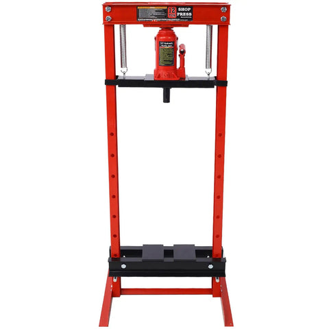 Pro Grade Hydraulic Shop Press Boasts A Rock Solid 12 Ton Capacity With Stable Floor Mount Framing And Flexible Adjustable Work Surfaces For No Sweat Garage Repairs Today, featuring a red steel frame.