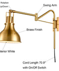 Plug In Gold Swing Arm Wall Sconces Set Of Two Modern Brass Finish Wall Lamps For Bedroom Bedside And Living Room With White Inner Dome Shade And Mid Century Inspired Design showing swing arm, brass finish, and on/off switch.