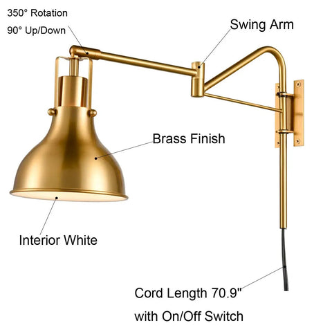 Plug In Gold Swing Arm Wall Sconces Set Of Two Modern Brass Finish Wall Lamps For Bedroom Bedside And Living Room With White Inner Dome Shade And Mid Century Inspired Design showing swing arm, brass finish, and on/off switch.