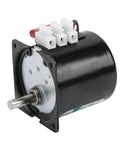 Super Silent 14 Watt Synchronous Generator Motor With Full Metal Gears For Home Appliances And Industrial Gearboxes Running Smooth At Low RPMs Like 5 Or 15 RPM On Ac Voltage, showing black motor body and connectors.