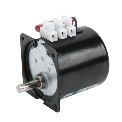 Super Silent 14 Watt Synchronous Generator Motor With Full Metal Gears For Home Appliances And Industrial Gearboxes Running Smooth At Low RPMs Like 5 Or 15 RPM On Ac Voltage, showing black motor body and connectors.