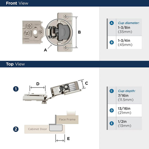 Diagram showing front and top view of Soft Close Concealed Hinge Set For Face Frame Cabinets Half Inch Overlay 105 Degree Opening 3 Way Adjustable Durable Compact Hardware 2 Pack By Amerock, highlighting dimensions and mechanism details.