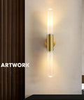 Wall Sconce Lights Indoor Bedroom Hallway GU10 2- Modern Long Brushed Middle Ages Brass Linear Clear Glass Copper Mount Lamp for Bedside Study Children's Room Bathroom, minimalist design with clear glass and gold accents.