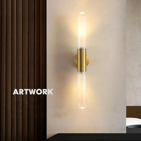 Wall Sconce Lights Indoor Bedroom Hallway GU10 2- Modern Long Brushed Middle Ages Brass Linear Clear Glass Copper Mount Lamp for Bedside Study Children's Room Bathroom, minimalist design with clear glass and gold accents.