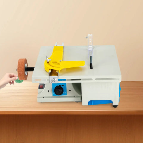 All In One 750W Mini Table Saw And Polisher For Jewelry Making showing flex shaft and fiber wheel on wooden bench