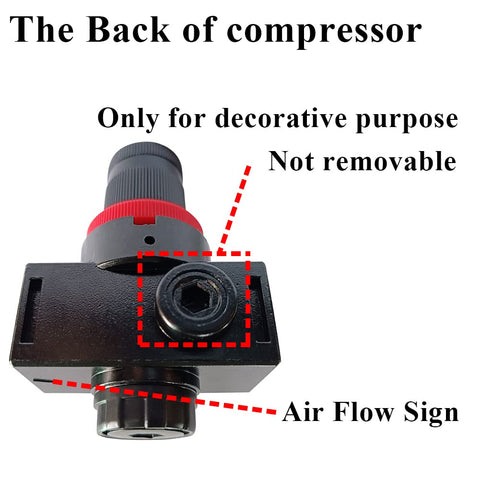 Back view of 3/8 NPT Air Compressor Regulator Combo With Manual Drain And Bracket PSI Gauge, showing parts and airflow sign