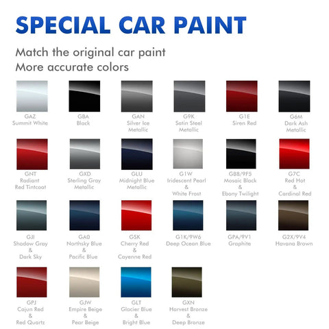 Color swatches for automotive paint, including Siren Red Touch Up Paint Kit For GMC Cars, DIY Scratch Repair, Quick Easy Fix.