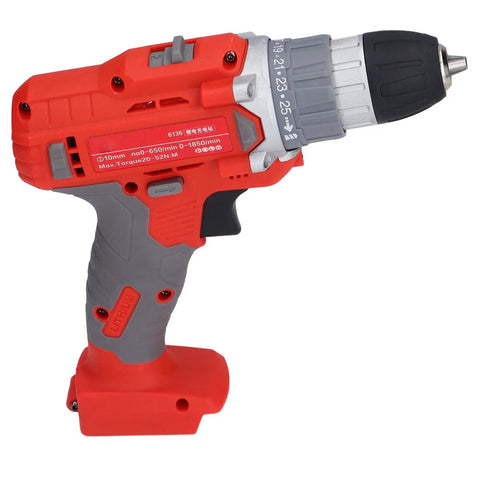 Rugged Reliable Heavy Duty Cordless Drill Driver Featuring Dual Mode Switch And 25 Custom Torque Stops For No Sweat Assembly And Smooth Sail Home Repair Pro Jobs side view with a grey and red design.